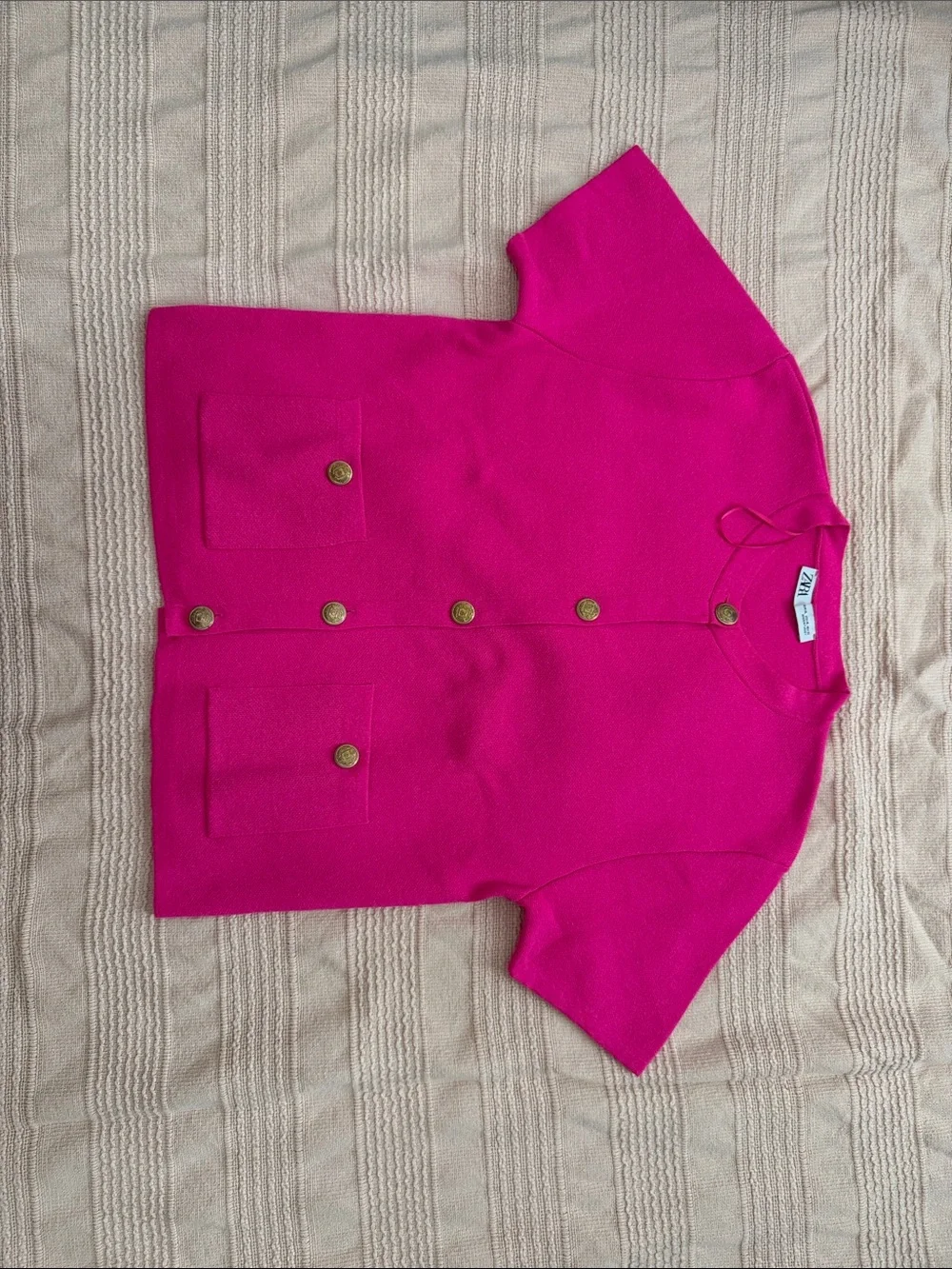Zara Fuchsia Short-Sleeve Button-Down Cardigan with Gold Buttons